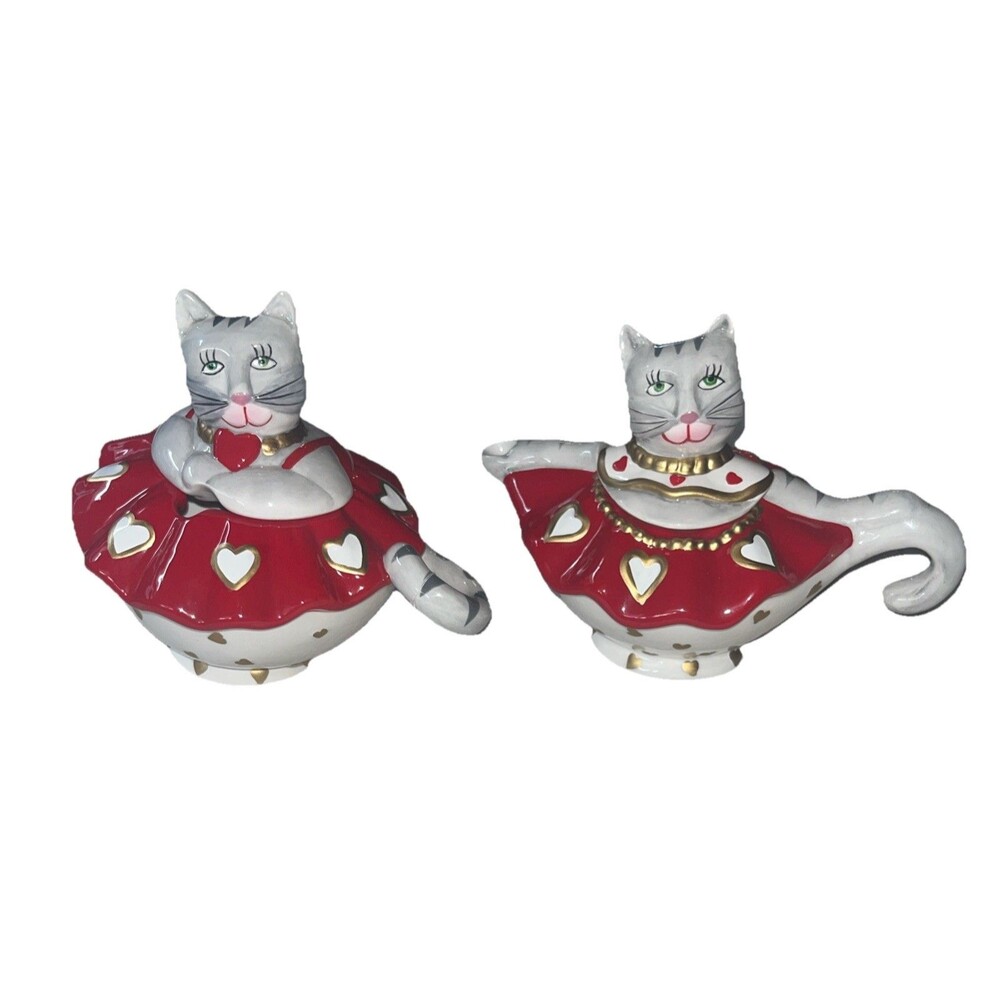 Karen Rossi Silvestri Creamer & Sugar Bowl  Dolomite Cat  Hearts Holiday NWT